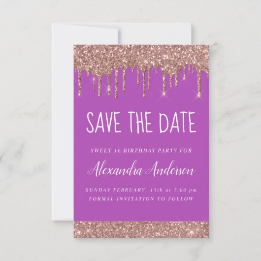 Rose Gold Sparkle Glitzer Sweet 16 Save the Date Einladung (Vorderseite)