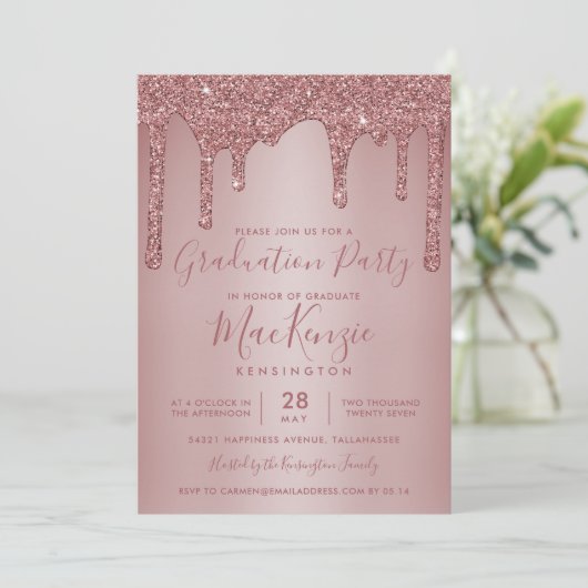 Rose Gold Sparkle Glitzer Tropfen Abschluss Foto Einladung (Stehend Vorderseite)