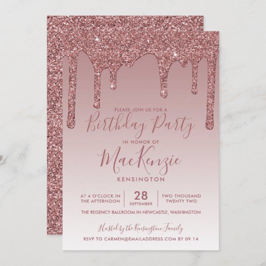 Rose Gold Sparkle Glitzer Tropfen jedes Jahr am Ge Einladung (Vorne/Hinten)