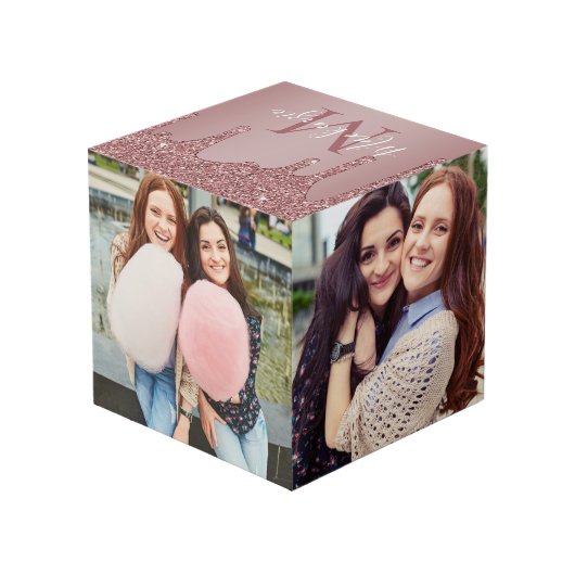 Rose Gold Sparkle Glitzer Tropfen Monogram Foto Würfel (Rückseite Schrägansicht)