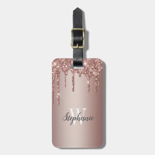 Rose Gold Sparkle Glitzer Tropfen Monogram Vertika Gepäckanhänger (Vorderseite vertikal)