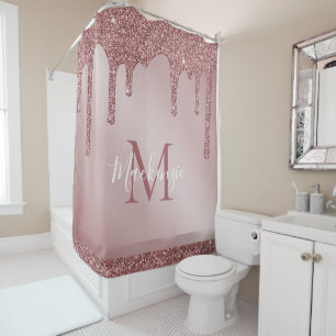 Rose Gold Sparkle Glitzer Tropfen Monogramm Duschvorhang