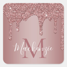 Rose Gold Sparkle Glitzer Tropfen Monogramm Quadratischer Aufkleber