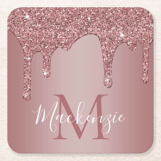 Rose Gold Sparkle Glitzer Tropfen Monogramm Rechteckiger Pappuntersetzer (Vorderseite)