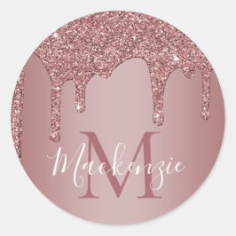 Rose Gold Sparkle Glitzer Tropfen Monogramm Runder Aufkleber