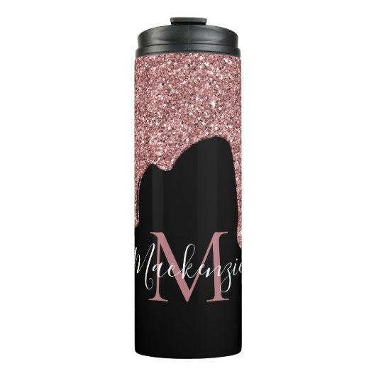 Rose Gold Sparkle Glitzer Tropfen Monogramm Schwar Thermosbecher (Vorderseite)