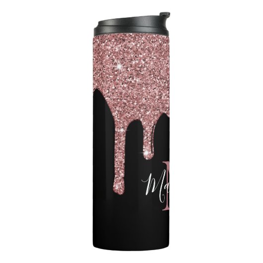 Rose Gold Sparkle Glitzer Tropfen Monogramm Schwar Thermosbecher (Nach links gedreht)