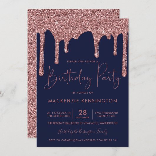 Rose Gold Sparkle Glitzer Tropfen Navy Blue Geburt Einladung (Vorne/Hinten)