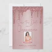 Rose Gold Sparkle Glitzer Tropfen Quinceañera Save The Date (Vorderseite)