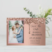 Rose Gold Sparkle Glitzer Tropfen Rosa Hochzeit Save The Date (Stehend Vorderseite)