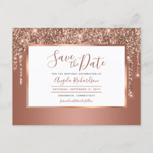 Rose Gold Sparkle Glitzer Tropfen Save the Date Postkarte