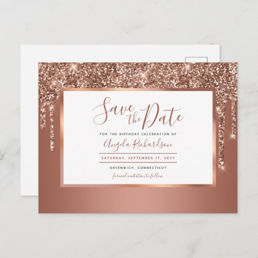 Rose Gold Sparkle Glitzer Tropfen Save the Date Postkarte (Vorne/Hinten)