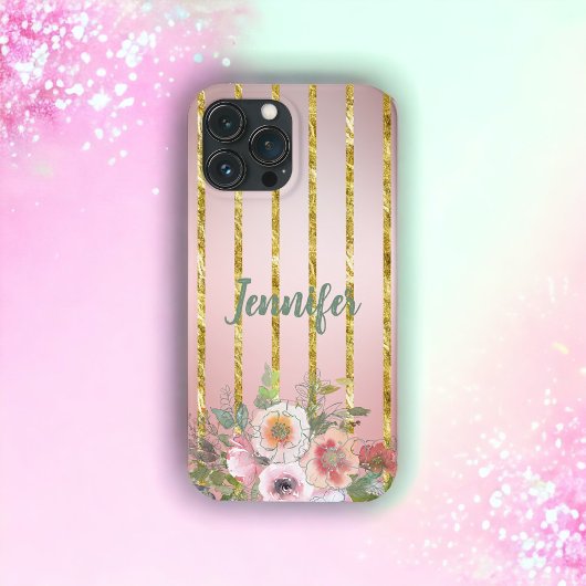 Rose Gold Sparkle Gold Streifen mit Blume Case-Mate iPhone Hülle