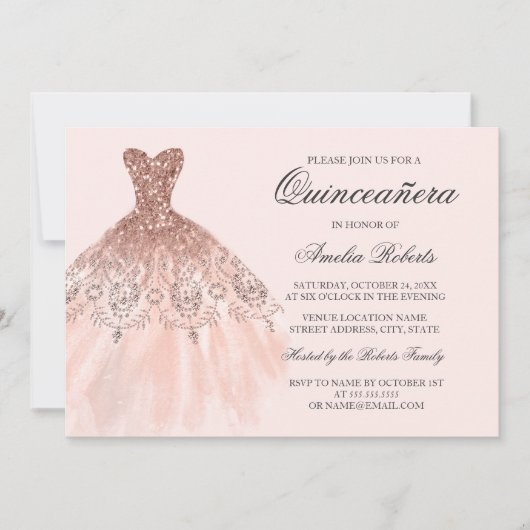 Rose Gold Sparkle Kleid Quinceanera Einladung (Vorderseite)