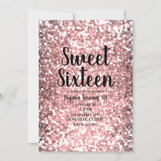 Rose Gold Sparkle Lights Glitzer Funkelnd Sweet 16 Einladung (Vorderseite)