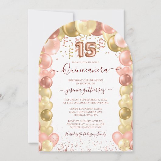 Rose Gold Sparkle Quinceañera Ballon Einladung (Vorderseite)