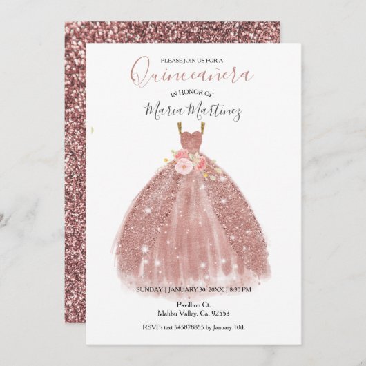 Rose Gold Sparkle Rosa Blume Quincean Einladung (Vorne/Hinten)