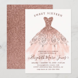 Rose Gold Sparkle Rosa Kleid Sweet 16. Geburtstag Einladung