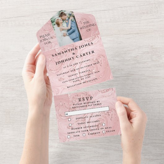Rose Gold Sparkle UAWG Elegantes Foto Hochzeit All In One Einladung (Abreißen)