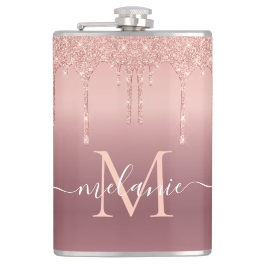 Rose Gold Sparkly Flask Personalized Name Letter Flachmann (Vorderseite)