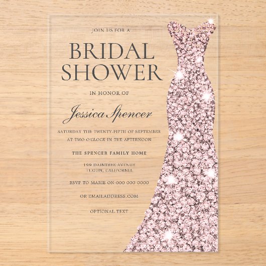 Rose Gold Sparkor Dress Brautparty Acryleinladungen (Vorderseite)