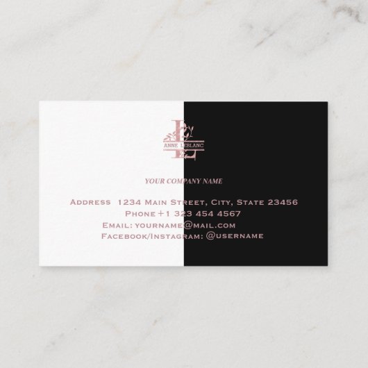 Rose Gold Split Custom Monogram Letter R Q S T U Visitenkarte (Rückseite)