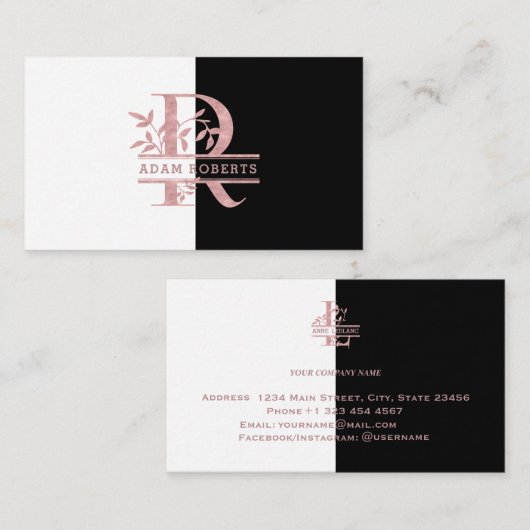 Rose Gold Split Custom Monogram Letter R Q S T U Visitenkarte (Vorne/Hinten)