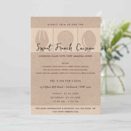 ROSE GOLD SPOON FORK COOKERY CLASS EINLADEN VORLAG EINLADUNG (Stehend Vorderseite)