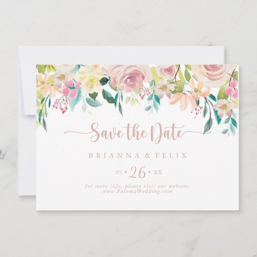 Rose Gold Spring Bloral Horizontal Hochzeit Save The Date (Vorderseite)