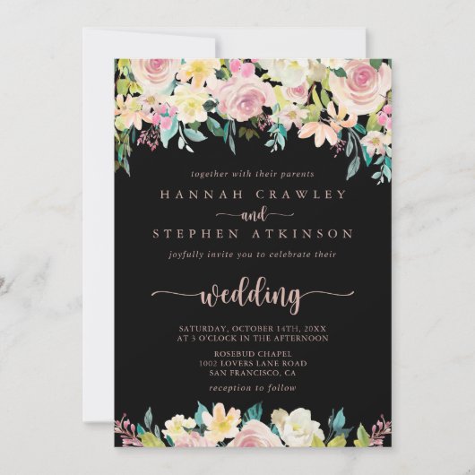 Rose Gold Spring Blumenstrauß & Back Wedding Einladung (Vorderseite)