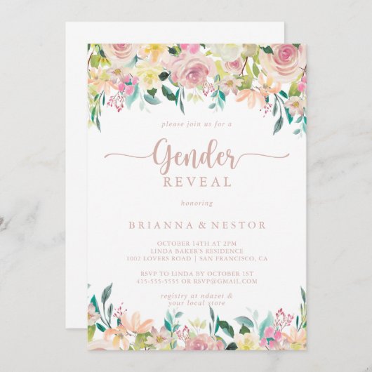 Rose Gold Spring Floral Gender Reveal Party Einladung (Vorne/Hinten)