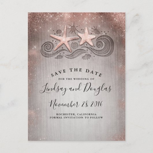 Rose Gold Starfish Beach Tropical Save the Date Ankündigungspostkarte (Vorderseite)
