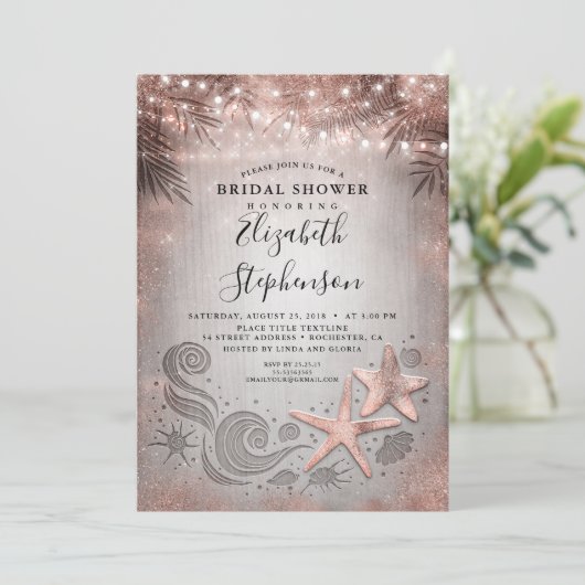 Rose Gold Starfish Tropical Beach Brautparty Einladung (Stehend Vorderseite)