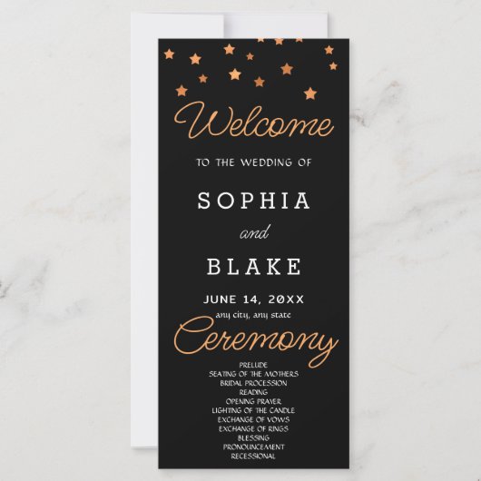 Rose Gold Stars Celestial Black Wedding Program (Vorderseite)