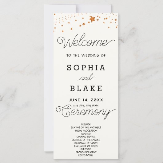 Rose Gold Stars Celestial White Wedding Program (Vorderseite)