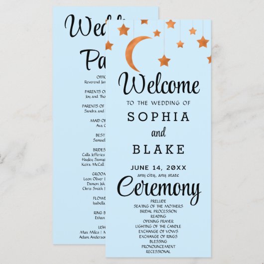 Rose Gold Stars Crescent Moon Blue Wedding Program (Vorne/Hinten)