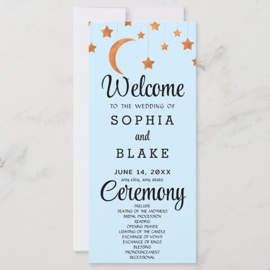 Rose Gold Stars Crescent Moon Blue Wedding Program (Vorderseite)