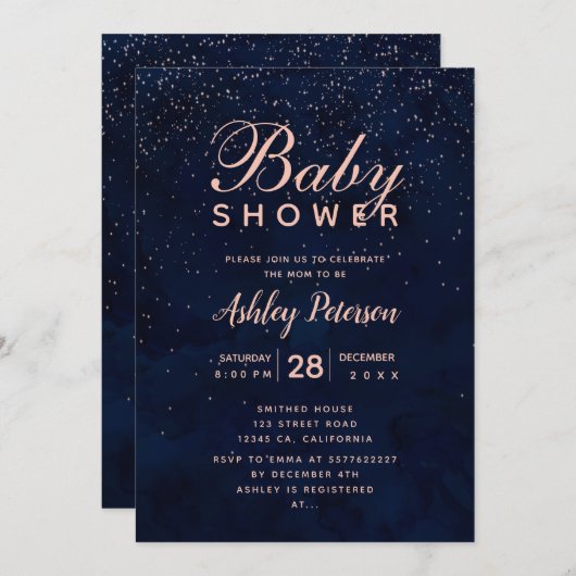Rose Gold Stars Marineblauer Wasserfarben Babydusc Einladung (Vorne/Hinten)