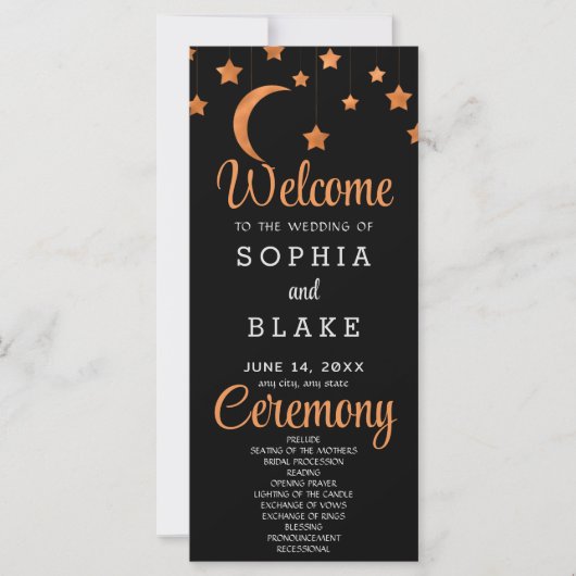 Rose Gold Stars Moon Black Wedding Programm (Vorderseite)
