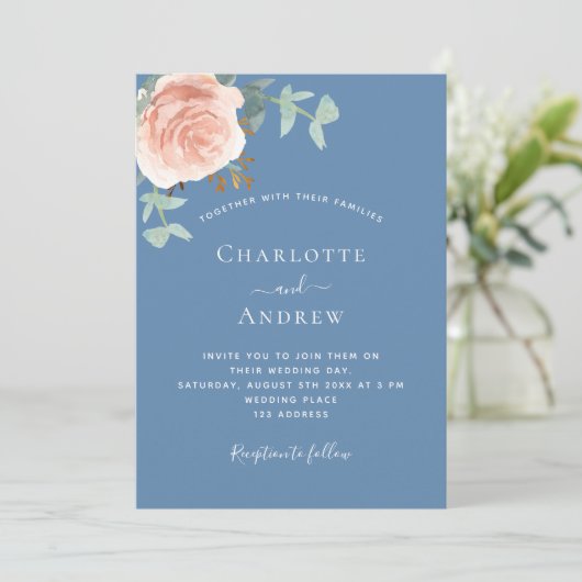 Rose Gold staubblaue Vegetation QR Code UAWG Hochz Einladung (Stehend Vorderseite)