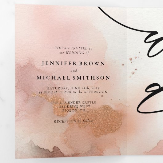 Rose Gold Staubfarbe Monogram Einladung (Innen Erste Seite)