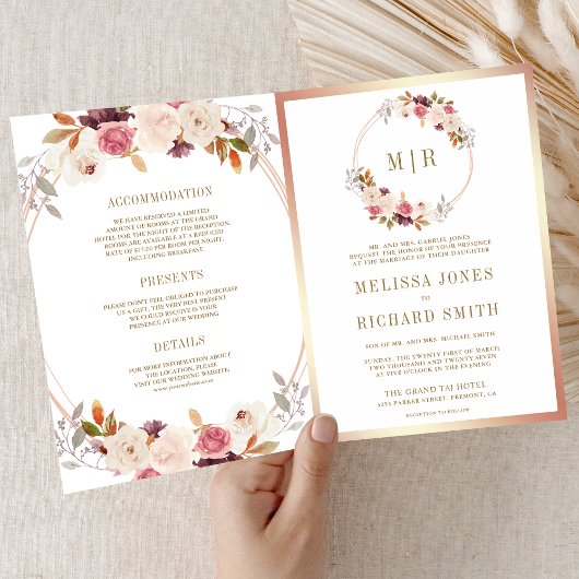 Rose Gold Staubrosa Florale QR-Code-Hochzeit Einladung