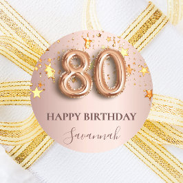 Rose Gold Sterne Rosa Ballon Schriftart 80. Geburt Runder Aufkleber
