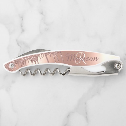 Rose Gold Stilvolle Monogram Metal Glitzer Tropfen Kellnermesser (Rückseite)
