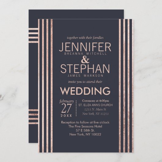Rose Gold Streifen und Blauer Hochzeitsempfang Einladung (Vorne/Hinten)