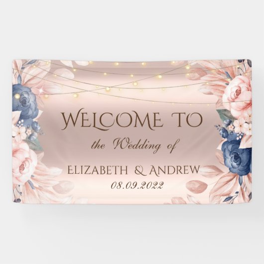 Rose Gold String Lights Blue Rose Hochzeit Banner (Horizontal)