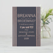 Rose Gold Stripes und Navy Blue Bridesmaiers Einladung (Stehend Vorderseite)