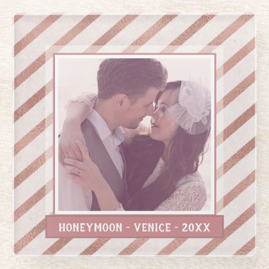 Rose Gold Striping Elegantes Foto und Text Glasuntersetzer (Vorderseite)