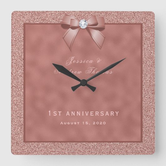 Rose Gold & Stylish Glitzer 1. Hochzeit Quadratische Wanduhr (Vorderseite)