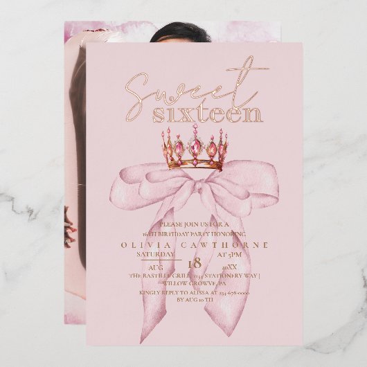 Rose Gold Sweet 16 Bow Geburtstag Folieneinladung (Vorderseite/Rückseite)